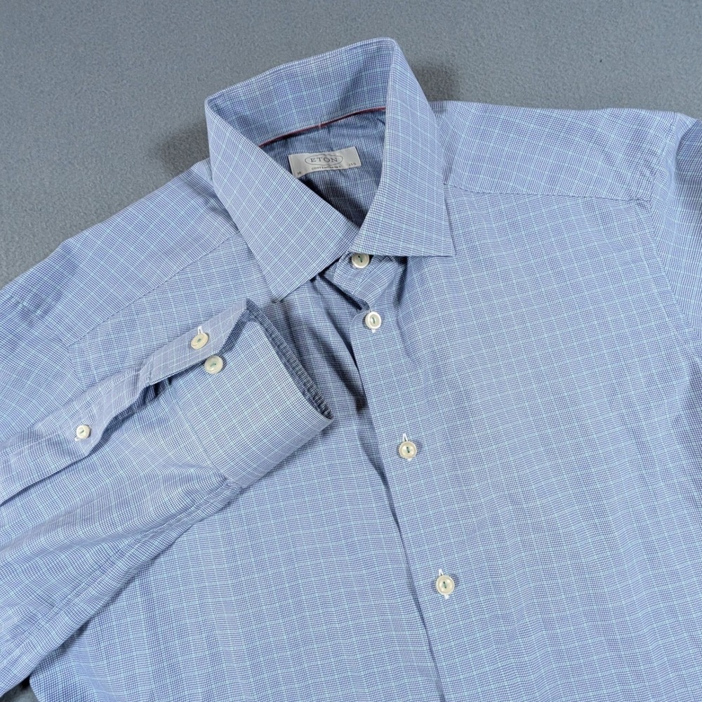 Eton Dress Shirt Mens 15.5 Contemporary Fit Blue Micro Check Long Sleeve